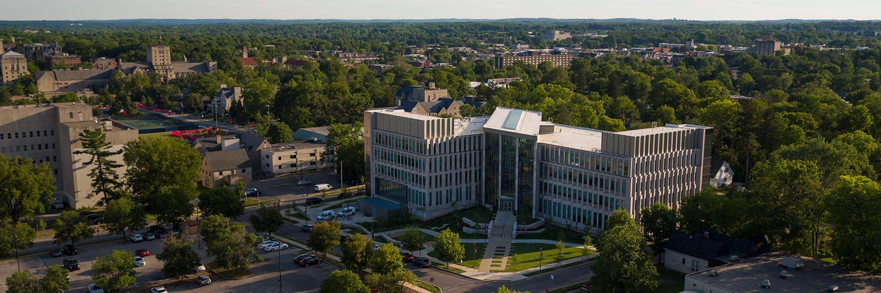 An aerial view of the exterior of the Luddy Hall academic building